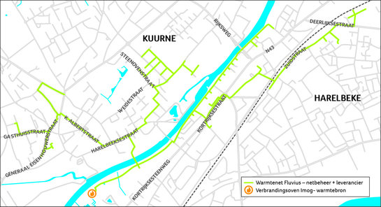 Liggingsplan van het warmtenet in Kuurne en Harelbeke