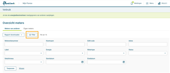 Filters in de verbruikshistoriek van een digitale meter voor energiedienstverleners in Mijn Fluvius Filters in de verbruikshistoriek van een digitale meter voor energiedienstverleners in Mijn Fluvius