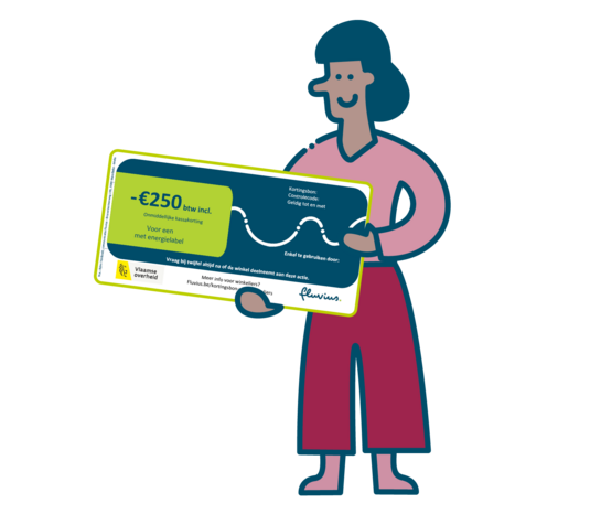 Tekening van een dame die een kortingsbon van 250 euro vasthoudt